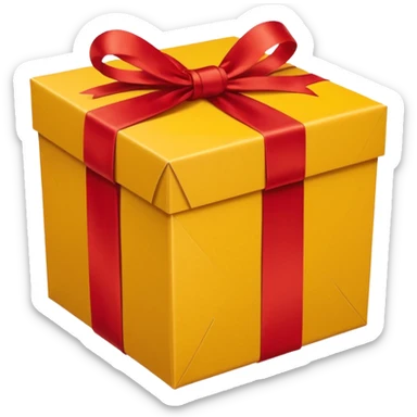 box with yellow wrapping paper and a length of red ribbon surrounding it on the ground so you can see most of the box's cardboard sticker