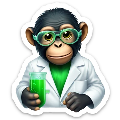 Chimpanzee wearing safety goggles and a lab coat while holding a vile of green liquid and rubbing his chin curiously sticker