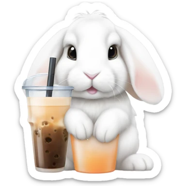 White mini lop rabbit drinking boba tea sticker