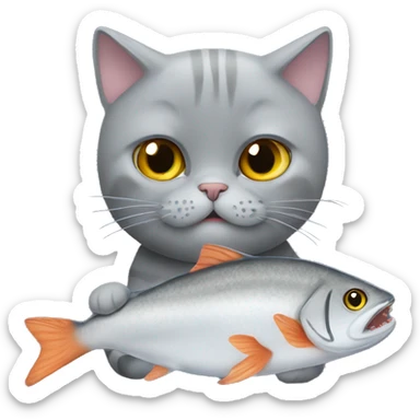 Grey British shorthair cat eating a fish sticker