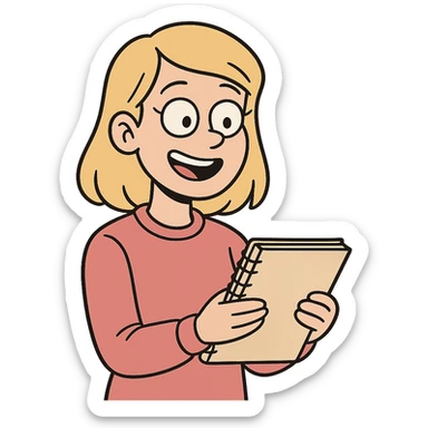 A blonde girl wearing a pink sweater, holding a notebook in her hands, smiling sticker