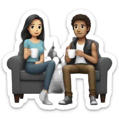 Yong beautiful couple sit in grey sofa and drink coffee girl braun long hair man short braun hair sticker