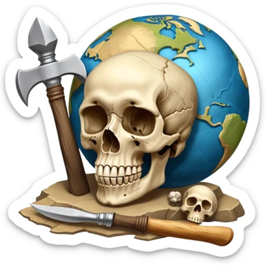 An icon featuring a human skull and fossilized bones, symbolizing the study of anthropology. The design includes archaeological tools like a pickaxe and brush, with a background of ancient artifacts and a globe. Transparent background emphasizes the exploration of human history and evolution. sticker