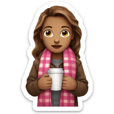 brown hair light skin brown eyes , with a plaid pink blanket and a coffee in hand sticker