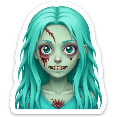 zombie girl with long turquoise hair, one eye missing, creepy smile, cute undead character sticker