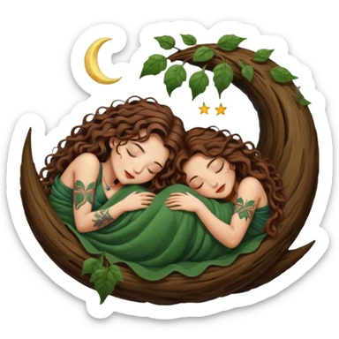 two forest alchemist women — one with long wavy brown hair and tattoos, one with short tight curly brown hair — sleeping back to back under leaf blanket crescent moon above sticker