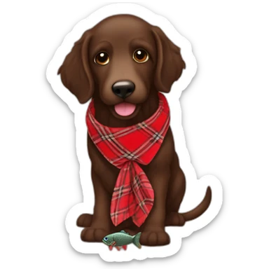 Chocolate brown colored doodle with a red and black flannel hankerchief holding a plush trout fish chew toy sticker