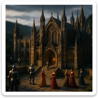 highly detailed 3D tilt-shift model of a medieval Gothic palace with knights and beautiful ladies, dramatic cinematic lighting, epic mood, blurred natural landscape background sticker