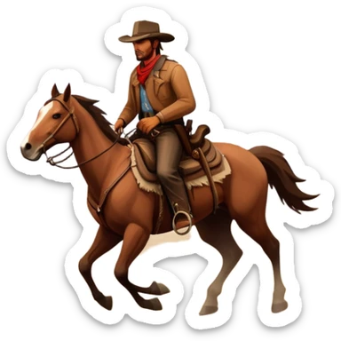 An icon representing an adventure game, inspired by Red Dead Redemption II. The design features a rugged cowboy riding a horse through a vast, open landscape with mountains, deserts, and wild animals. The atmosphere conveys exploration, action, and the thrill of the journey. Transparent background sticker