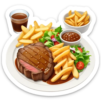 big juicy australian steak meal featuring chips, small salad in a ramiken and gravy  sticker