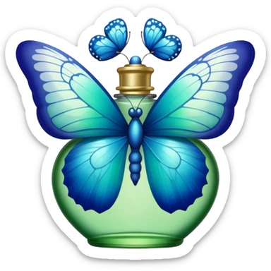 blue butterfly resting on the top of a green perfume bottle decorated with lace sticker