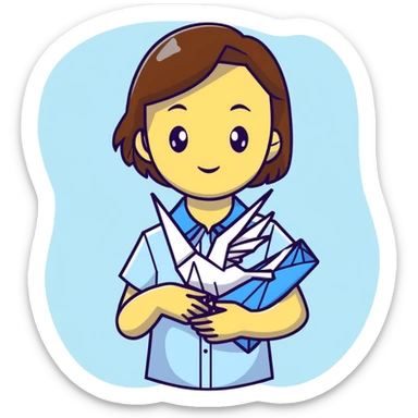 Ukrainian young girl with brown hair wearing a white embroidered shirt holds an origami yellow-blue crane sticker