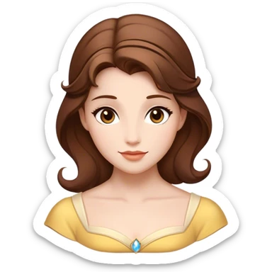 Cinematic Timeless Belle Portrait Emoji, rendered in a clean, vector style. Depict Belle with fair, luminous skin, beautifully arranged brown hair, and a serene, graceful expression, dressed in her classic attire. The design features bold, simplified shapes, a soft, enchanting glow, and a subtle glowing outline, capturing the essence of pure, timeless beauty. sticker