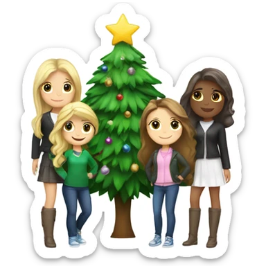 A Christmas tree that says “besties “ with three girls , 2 brunettes and a Blonde next to the tree  sticker