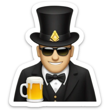 man in black Masonic, black top hat, white tie, with a mug of beer sticker