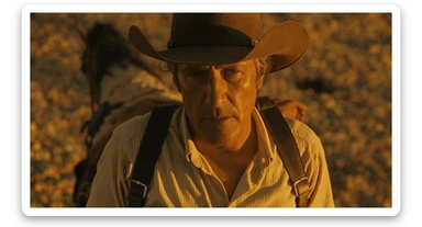 Cinematic , documentary photography, top angle medium shot, cowboy look eye brave, hard light golden hour, desert arizona, shot on arri alexa, 80s movie sticker