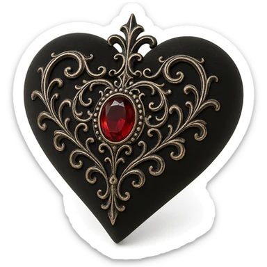 gothic heart in 3D black style, black velvet texture, silver filigree details, deep red gemstone centerpiece, ornate and dramatic design sticker