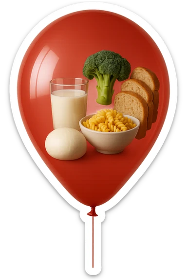 PALLONCINO ROSSO CON DENTRO UNA MOZZARELLA, UN BICCHIERE DI LATTE, UNA BOWL DI PASTA, QUALCHE BROCCOLO, QUALCHE FETTINA DI PANE sticker