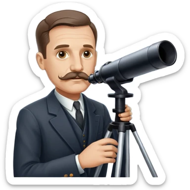 Astronomer Edwin Hubble with mustache, wearing a suit, looking through a telescope with stars in the background sticker