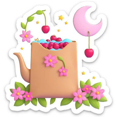 a tea bag with pink flowers, cherries, and a moon and stars, light pink background sticker