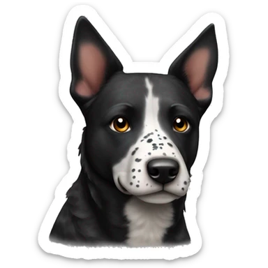 Black cattle dog with pointy ears and white be stripe down nose and spotty chest  sticker