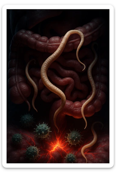 Vertical, cinematic, realistic image showing intestinal parasites in the gut and the immune system attacking healthy tissues in the body, illustrating the link to autoimmune diseases. Dramatic clinical light, 2:3 aspect ratio. sticker
