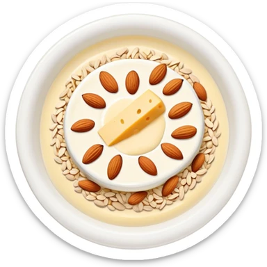 A glowing white leg bone in the center, surrounded by floating calcium-rich foods: yogurt, shredded cheese, almonds, and sesame seeds. All items are floating and slightly shining, arranged in a circle around the bone. sticker