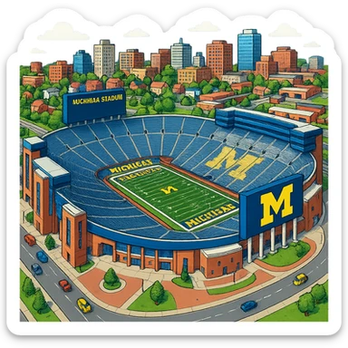 Изометричная, яркая, детализированная и фотореалистичная иллюстрация стадиона Michigan Stadium в стиле 3D-коллажей городов, насыщенные цвета, аккуратные линии, мультяшно-реалистичная стилистика. Чёткие контуры, прозрачный фон, высокое качество. sticker