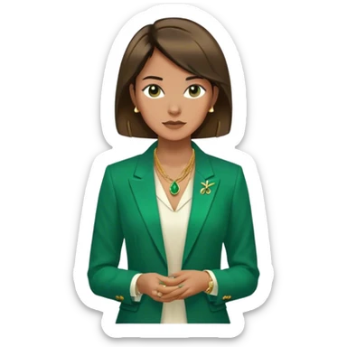 Emoji femenino con cabello suelto corto hasta los hombros castaño oscuro. Tono de piel bronceado. Viste blazer color verde esmeralda y blusa de vestir blanca. Lleva tres collares color dorado. Minimalista, clasico, entre casual y elegante sticker