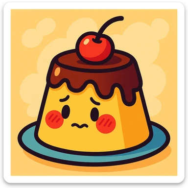 shy pudding with blushing cheeks, cherry on top, creamy soft background, vibrant toon style sticker