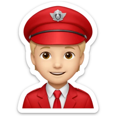 A Soviet pioneer emoji — smiling young boy wearing a bright red tie (pioneer neckerchief) and a red pilotka cap. White shirt, neat and cheerful, minimal flat emoji style, simple colors, clear outlines, professional emoji design. sticker