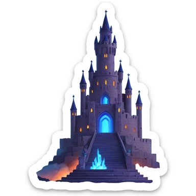 photorealistic 3D gothic stone tower wide base spiraling upward surrounded by detailed citadel spiral ramps tower touching nebula-filled night sky lit by glowing blue torches moonlight spiritual arcane atmosphere emoji icon sticker