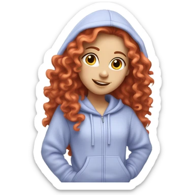 a white girl with long red curly hair, wearing a pastel periwinkle hoodie doing a pose sticker