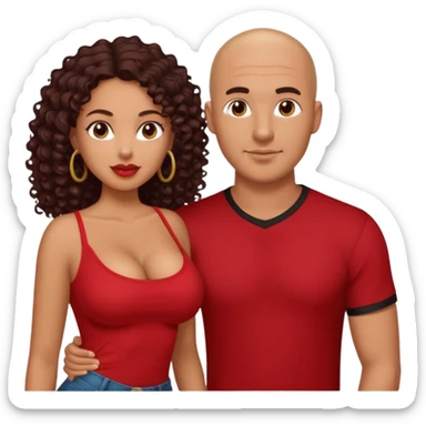 A picture of a sexy tanned couple. the guy is Mexican, with a bald hair cut and a red shirt. the girl is mixed, she has curly longer dark brown hair, and with big boobs and wearing black shirt  sticker
