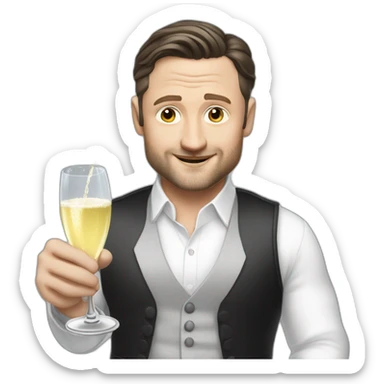 tim robinson dark black slicked back hair white shirt with a light grey vest spraying champagne sticker