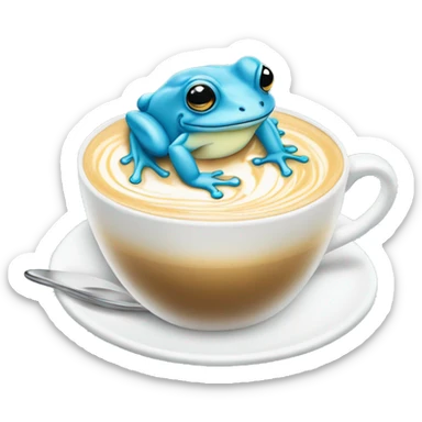 hand drawn baby blue frog sipping a latte with with latte art sticker