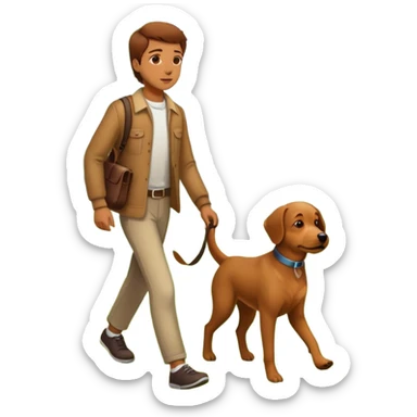 a person and dog walking together with trees and grass in the background sticker