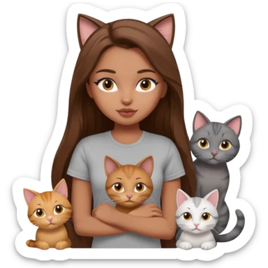 a pretty bratz dusky girl with long brown hair with six cats nd wearing a grey tshirt sticker