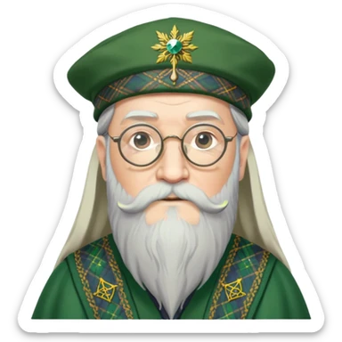 Dumbledore wear green scotland Tam o'shanter cap with decorative patterns, wear glasses, very long beard sticker