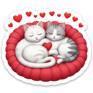 White cat and gray cat sleeping together in a bed full of hearts sticker