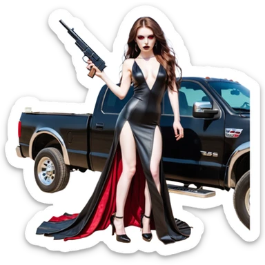 Lilith symbol red eye seductress evil long brown haired sexy succubus woman with leather long dress with slit, sitting in Big Large F350 pickup truck. Black Platform high heels on feet. Back of truck full of stacks of cash, and a man human skull with a gun in other hand sticker