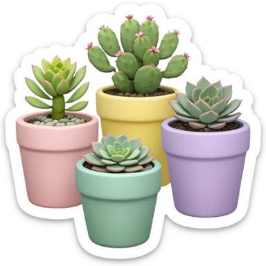 A pastel pink ceramic pot with a sedum succulent, a pastel green ceramic pot with a graptopetalum succulent, a pastel yellow ceramic pot with an echeveria succulent, and a pastel purple ceramic pot with a flowering cactus. All are cylindrical and placed separately on the floor. sticker