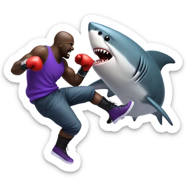 purple shaq punching a realistic shark with boots with boxing gloves sticker
