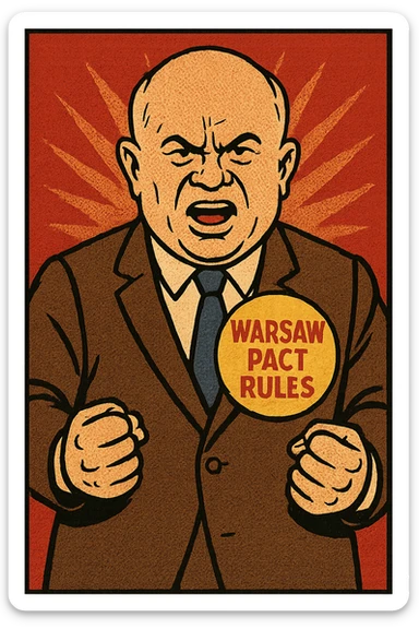 Soviet leader Khrushchev looking aggressive clenching his fists by his side wearing a large badge which says 'Warsaw Pact Rules' sticker