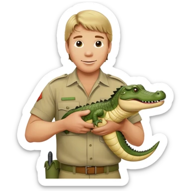 Cinematic Realistic Steve Irwin Portrait Emoji, in his signature khaki attire, holding a crocodile or giving an excited thumbs-up. The scene is lit with vibrant, natural sunlight, emphasizing his adventurous spirit and deep connection to nature. sticker