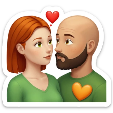Couple. Bald man with dark brown-black beard. Woman with freckles, white skin and she has orange, auburn-yellow-brown hair. She has light yellow-green-brown eyes. He have hazel eyes. They look at each other. Many small red hearts around them. sticker