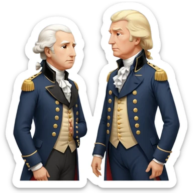 “Donald Trump and George Washington facing each other. Trump in a modern suit, visibly shocked. George Washington in colonial uniform, calm and silent. Realistic style, cinematic lighting.” sticker