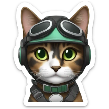 black, brown and grey calico cat with green eyes dressed as a pilot sticker