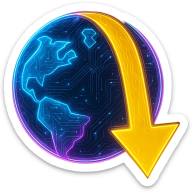 Transform the JDownloader logo into a cyberpunk, holographic style with glowing neon blue and pink edges and circuit patterns throughout the entire icon. Maintain the recognizable globe and yellow arrow, keeping the yellow color prominent, while overlaying neon and circuit effects in a futuristic, clean cyberpunk style with consistent glow and intricate circuit details. The background should be transparent. sticker