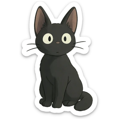 a young black cat sitting, ghibli style sticker